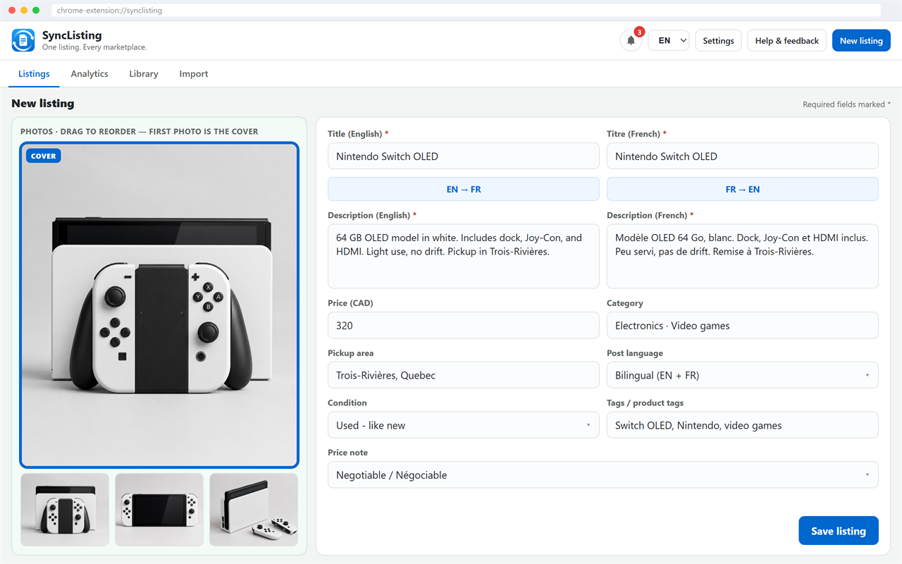 SyncListing listing editor with photos, bilingual title, post language, condition, tags, and price note