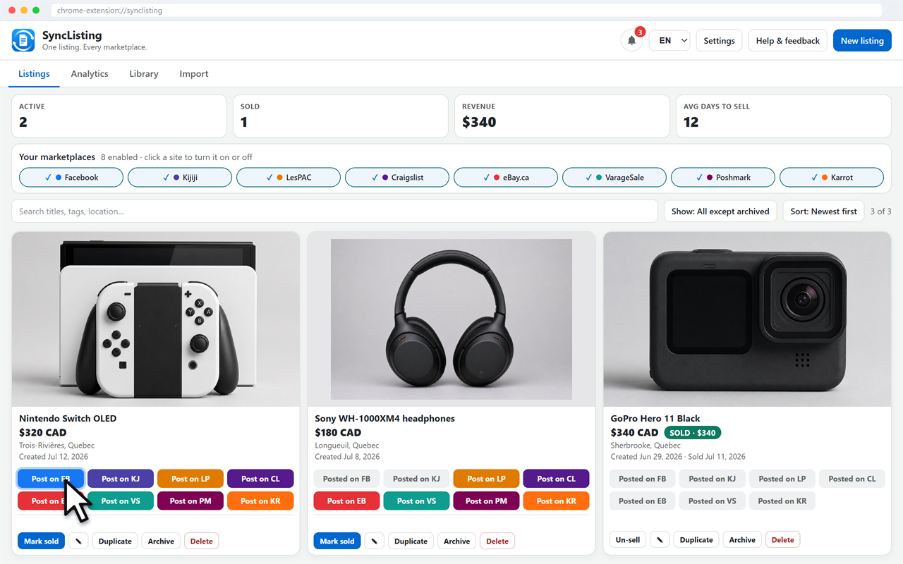 SyncListing Listings tab with card views and Post on buttons for ten marketplaces